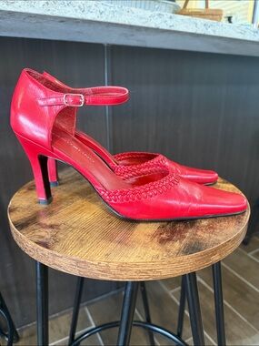 Bandolino Red Leather Ankle-Strap Pointed-Toe Heels